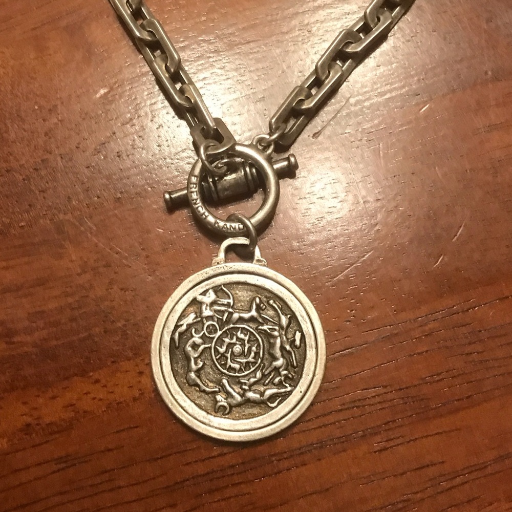 French Kande Toggle Silver Necklace with Medallion - Picture 2 of 6